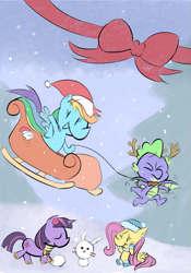 Size: 817x1169 | Tagged: safe, artist:ragtagstuff, derpibooru import, fluttershy, spike, twilight sparkle, unicorn twilight, dragon, pegasus, pony, unicorn, g4, bell, bell collar, christmas, clothes, collar, female, gloves, hat, holiday, hoof shoes, male, mare, santa hat, santa's sleigh, scarf, sleigh, snow, snowfall, snowman, zine:fanzines r magic volume 1