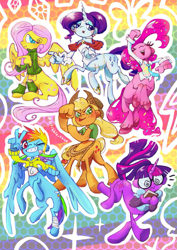 Size: 817x1155 | Tagged: safe, artist:scribble_chick, derpibooru import, applejack, fluttershy, pinkie pie, rainbow dash, rarity, twilight sparkle, centaur, earth pony, pegasus, taur, unicorn, g4, applejack's hat, bandage, book, clothes, cowboy hat, ear piercing, earring, female, glasses, hat, hoodie, horn, jewelry, leg warmers, mane six, piercing, shirt, sweater, zine:fanzines r magic volume 1