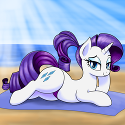 Size: 1500x1500 | Tagged: safe, artist:vomitvomiting, derpibooru import, rarity, pony, g4, alternate hairstyle, beach, clothes, looking at you, lying down, ponytail, solo, swimsuit