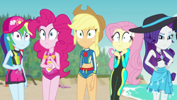 Size: 1920x1080 | Tagged: safe, derpibooru import, screencap, applejack, fluttershy, pinkie pie, rainbow dash, rarity, human, equestria girls, forgotten friendship, g4, applejack's beach shorts swimsuit, beach, clothes, confused, equestria girls specials, female, fluttershy's wetsuit, hand on hip, humane five, one-piece swimsuit, pinkie pie swimsuit, rarity's blue sarong, rarity's purple bikini, reaction image, shocked, swimsuit, wetsuit, worried