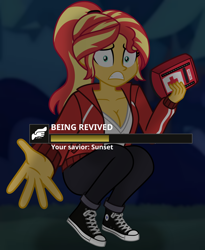 Size: 5406x6597 | Tagged: safe, artist:emeraldblast63, derpibooru import, sunset shimmer, equestria girls, g4, breasts, cleavage, clothes, commission, converse, gritted teeth, left 4 dead, ponytail, shoes, solo, teeth, worried