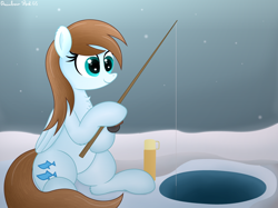 Size: 4032x3016 | Tagged: safe, artist:rainbowšpekgs, derpibooru import, pegasus, pony, g4, blue buck, chest fluff, deep blue, female, fishing, fishing rod, ice, sitting, smiling, snow, thermos, winter