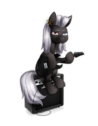 Size: 2328x2984 | Tagged: safe, artist:khvorost162, derpibooru import, oc, oc only, earth pony, pony, black and white, grayscale, guitar, monochrome, music, musical instrument, piercing, simple background, solo, white background