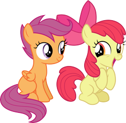 Size: 3079x3000 | Tagged: safe, artist:cloudy glow, derpibooru import, apple bloom, scootaloo, earth pony, pegasus, pony, g4, adorabloom, apple bloom's bow, bow, cute, cutealoo, duo, duo female, female, filly, foal, hair bow, simple background, transparent background, vector