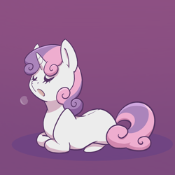 Size: 2048x2048 | Tagged: safe, artist:pfeffaroo, derpibooru import, sweetie belle, pony, unicorn, g4, blank flank, breath, cute, diasweetes, eyes closed, female, filly, foal, high res, horn, lying down, open mouth, ponyloaf, prone, purple background, simple background, solo, three quarter view, yawn