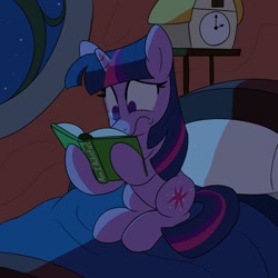 Size: 1000x1000 | Tagged: safe, artist:unitxxvii, derpibooru import, twilight sparkle, unicorn twilight, pony, unicorn, g4, bed, book, book title humor, bookhorse, clock, female, frown, golden oaks library, hoof hold, horn, indoors, looking at something, mare, night, on bed, reading, sitting, sitting on bed, solo, worried