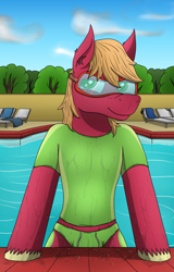 Size: 3200x5000 | Tagged: safe, alternate version, artist:tacomytaco, derpibooru import, big macintosh, earth pony, pony, semi-anthro, g4, clothes, goggles, looking at you, male, midriff, outdoors, shirt, smiling, solo, speedo, stallion, standing, swimming pool, swimsuit, unshorn fetlocks, water, wet