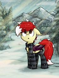 Size: 1500x2000 | Tagged: safe, artist:aaathebap, derpibooru import, oc, oc only, oc:aaaaaaaaaaa, bat pony, pony, bat pony oc, clothes, cute, ears, floppy ears, forest, mountain, mountain range, nature, outdoors, scarf, snow, snowfall, socks, soft color, solo, striped scarf, striped socks, tree