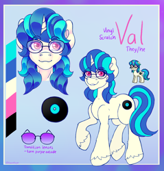 Size: 3790x3964 | Tagged: safe, artist:elusivepurple, derpibooru import, dj pon-3, vinyl scratch, oc, pony, unicorn, g4, alternate cutie mark, commission, glasses, gradient background, horn, kinsona, nonbinary, reference sheet, solo