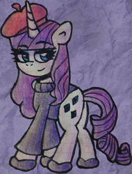 Size: 2869x3777 | Tagged: safe, artist:rosa ushiromiya, derpibooru import, rarity, pony, unicorn, g4, beatnik rarity, beret, clothes, female, hat, horn, looking at you, mare, smiling, smiling at you, solo, sweater, traditional art