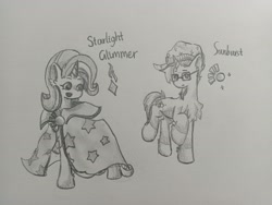 Size: 4160x3120 | Tagged: safe, artist:cui5255365, derpibooru import, starlight glimmer, sunburst, pony, unicorn, g4, duo, duo male and female, female, horn, male, monochrome, pencil drawing, traditional art