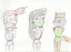 Size: 3091x2237 | Tagged: safe, alternate version, artist:bluesplendont, derpibooru import, octavia melody, anthro, human, squirrel, equestria girls, g4, abuse, arm behind back, bondage, bound and gagged, cloth gag, colored, crossover, female, foster's home for imaginary friends, frankie foster, gag, kidnapped, sandy cheeks, spongebob squarepants, tavibuse, tied up, traditional art, trio, trio female, unamused, worried