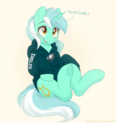 Size: 1500x1587 | Tagged: safe, artist:higglytownhero, derpibooru import, lyra heartstrings, pony, unicorn, g4, american football, blushing, clothes, dialogue, dig the swell hoodie, eye clipping through hair, female, hoodie, horn, looking up, mare, nfl, philadelphia eagles, raised hooves, simple background, sitting, smiling, solo, sports, super bowl, super bowl xxv