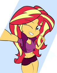 Size: 1098x1400 | Tagged: safe, artist:calmbreezes, derpibooru import, sunset shimmer, human, equestria girls, g4, female, gym shorts, selfie, smiling, solo