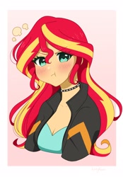 Size: 1428x2048 | Tagged: safe, artist:kittyrosie, derpibooru import, sunset shimmer, human, equestria girls, g4, :t, angry, annoyed, blushing, breasts, bust, choker, cleavage, clothes, cute, female, hmph, jacket, leather, leather jacket, madorable, passepartout, pouting, shimmerbetes, signature, solo, spiked choker