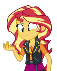 Size: 1198x1484 | Tagged: safe, derpibooru import, edit, edited screencap, editor:jacksontormbaymaz, screencap, sunset shimmer, human, better together, equestria girls, g4, so much more to me, :|, background removed, belt, clothes, confused, cutie mark on clothes, eyebrows, geode of empathy, jewelry, leather, leather belt, leather vest, looking at something, magical geodes, necklace, pink skirt, raised eyebrow, shirt, shoulderless, shoulderless shirt, simple background, spikes, studs, teenager, transparent background, vest