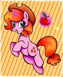 Size: 2342x2881 | Tagged: safe, artist:dariarchangel, derpibooru import, oc, oc only, oc:dazha, pony, unicorn, g4, :d, abstract background, adorable face, apple, applejack's cutie mark, applejack's hat, blue eyes, clothes, cosplay, cowboy hat, cute, cute face, cute smile, female, female oc, food, glowing, glowing horn, hair tie, hat, horn, in the air, levitation, looking at something, magic, magic aura, mane tie, mare, mare oc, ocbetes, open mouth, open smile, orange hair, orange mane, orange tail, passepartout, pink coat, pony oc, red apple, small horn, smiling, solo, stetson, striped background, tail, tail tie, telekinesis, tied hair, tied mane, tied tail, traditional art, unicorn oc