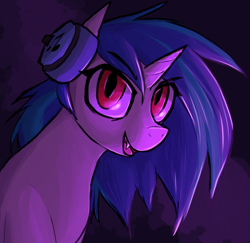 Size: 2000x1947 | Tagged: safe, artist:sleepyhoers, derpibooru import, dj pon-3, vinyl scratch, pony, undead, unicorn, vampire, vampony, g4, bust, fangs, female, headphones, horn, looking at you, mare, open mouth, red eyes, smiling, solo, vinyl the vampire