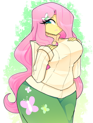 Size: 1500x2000 | Tagged: safe, artist:xan-gelx, derpibooru import, fluttershy, butterfly, human, equestria girls, g4, 2d, blushing, breasts, clothes, cutie mark on clothes, female, hairclip, hand on breasts, hootershy, long sleeves, looking at you, skirt, solo, sweater, sweatershy, turtleneck, turtleneck sweater, wide hips