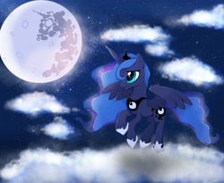 Size: 2444x2000 | Tagged: safe, artist:nnaly, derpibooru import, princess luna, alicorn, pony, g4, cloud, crown, ethereal mane, ethereal tail, female, flying, full moon, hoof shoes, horn, jewelry, mare, mare in the moon, moon, night, night sky, outdoors, peytral, princess shoes, regalia, sky, solo, spread wings, stars, tail, wings