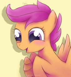 Size: 1821x2000 | Tagged: safe, artist:nnaly, derpibooru import, scootaloo, pegasus, pony, g4, blushing, bread, breakfast, croissant, cute, cutealoo, female, filly, foal, food, misleading thumbnail, open mouth, open smile, simple background, smiling, solo, sparkles, sparkly eyes, spread wings, wingding eyes, wings, yellow background