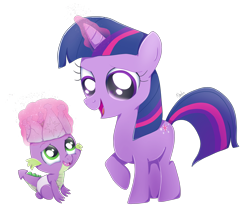 Size: 3436x2994 | Tagged: safe, artist:nnaly, derpibooru import, spike, twilight sparkle, unicorn twilight, dragon, pony, unicorn, g4, sparkle's seven, baby, baby dragon, baby spike, crown, cute, diaper, duo, duo male and female, female, filly, filly twilight sparkle, foal, glowing, glowing horn, hard-won helm of the sibling supreme, high res, horn, jewelry, magic, magic aura, male, my little pony: friendship is magic, open mouth, open smile, regalia, simple background, smiling, spikabetes, telekinesis, transparent background, twiabetes, younger