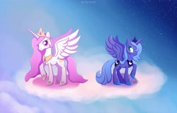 Size: 4976x3186 | Tagged: safe, artist:nnaly, derpibooru import, princess celestia, princess luna, alicorn, pony, g4, cloud, crown, duo, duo female, female, hoof shoes, horn, jewelry, mare, on a cloud, peytral, pink-mane celestia, princess shoes, raised hoof, raised leg, regalia, royal sisters, s1 luna, siblings, signature, sisters, spread wings, standing on a cloud, wings, younger