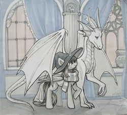 Size: 1280x1158 | Tagged: safe, artist:krista-21, derpibooru import, oc, oc only, oc:alalina_rein, oc:draconis taaldis, alicorn, dragon, alicorn oc, baroque, blushing, clothes, column, couple, curtains, dragon oc, hat, horn, indoors, looking at each other, looking at someone, marker drawing, non-pony oc, scarf, smiling, statue, striped scarf, traditional art, vase, walking, window, wings, witch hat