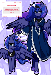 Size: 1698x2503 | Tagged: safe, artist:gggjln, derpibooru import, princess luna, alicorn, human, pony, equestria girls, g4, clothes, dress, duality, female, high res, horn, horned humanization, human ponidox, humanized, mare, ponied up, self paradox, self ponidox, smiling, solo, spread wings, winged humanization, wings, zoom layer