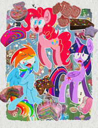 Size: 1284x1667 | Tagged: safe, artist:piaojun55154, derpibooru import, pinkie pie, rainbow dash, twilight sparkle, twilight sparkle (alicorn), alicorn, earth pony, pegasus, pony, g4, :d, bowl, cake, candy, cereal, cookie, food, heart, hello kitty, muffin, noise, open mouth, open smile, outline, passepartout, sanrio, sitting, smiling, spread wings, text, white outline, wings