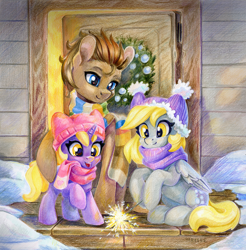 Size: 1702x1733 | Tagged: safe, artist:maytee, derpibooru import, derpy hooves, dinky hooves, doctor whooves, earth pony, pegasus, pony, unicorn, g4, clothes, cute, derpabetes, dinkabetes, equestria's best daughter, equestria's best mother, female, filly, foal, happy, hat, horn, male, mare, open mouth, open smile, outdoors, scarf, smiling, snow, sparkler (firework), stallion, traditional art, trio, wholesome, winter, winter hat