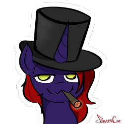 Size: 2000x2000 | Tagged: safe, artist:portercat, derpibooru import, oc, oc only, oc:artix somnium, pony, unicorn, :3, bust, dark skin, drugs, golden eyes, hat, horn, looking at you, male, marijuana, red mane, redraw, silly, simple background, smiling, smoke, smoking, solo, top hat, transparent background, uwu