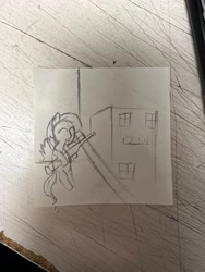 Size: 3024x4032 | Tagged: safe, artist:just_a_nerd, derpibooru import, fluttershy, pegasus, pony, g4, female, gun, simple background, sticky note, traditional art, weapon