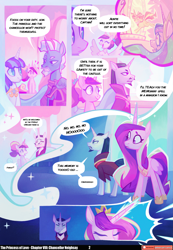 Size: 3541x5121 | Tagged: safe, artist:adreamera, artist:lummh, artist:ternonadime, derpibooru import, chancellor neighsay, princess cadance, shining armor, sunset shimmer, alicorn, pony, unicorn, comic:the princess of love, g4, absurd file size, absurd resolution, comic, emanata, facial hair, female, flashback, framing device, goatee, horn, male, mare, mirror portal, moustache, stallion, teen princess cadance, teenage shining armor, younger