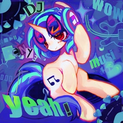 Size: 4160x4160 | Tagged: safe, artist:brucebrandon, artist:jojofassbender, derpibooru import, dj pon-3, vinyl scratch, pony, unicorn, g4, abstract background, doodles, exclamation point, female, full body, glasses, head down, head turn, headphones, heart, high res, horn, looking up, mare, name, raised hoof, raised leg, record, sitting, smiling, solo, sparkles, text, vinyl's glasses, windswept hair