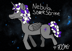 Size: 3508x2480 | Tagged: safe, artist:700kgbenchpress, derpibooru import, oc, oc only, oc:nebula starstrike, alicorn, pony, alicorn oc, female, folded wings, horn, mare, purple eyes, solo, space background, tail, two toned mane, two toned tail, wings