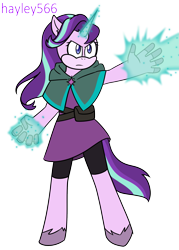 Size: 1875x2616 | Tagged: safe, artist:hayley566, derpibooru import, starlight glimmer, anthro, unicorn, g4, belt, clothes, commission, compression shorts, dark fantasy, description is relevant, dress, fantasy, female, glowing, glowing horn, horn, magic, mobian, simple background, solo, sonic the hedgehog (series), sonicified, story included, transparent background, unshorn fetlocks