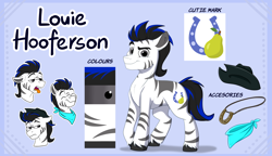 Size: 3900x2250 | Tagged: safe, artist:rutkotka, derpibooru import, oc, oc only, oc:louie hooferson, pony, zebra, bandana, color palette, commissioner:legionofblues, cowboy hat, cutie mark, hat, horseshoes, jewelry, male, pendant, reference sheet, smiling, solo, sweat, tired, unamused, zebra oc