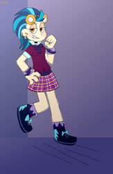 Size: 827x1265 | Tagged: safe, artist:spritecranbirdie, derpibooru import, indigo zap, equestria girls, g4, bracelet, ear piercing, earring, goggles, grin, hand on hip, jewelry, lidded eyes, piercing, shiny eyelids, smiling, solo