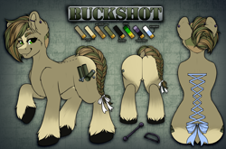 Size: 6500x4300 | Tagged: safe, artist:dewdropinn, derpibooru import, oc, oc only, oc:buckshot, earth pony, pony, corset piercing, piercing, reference sheet, solo