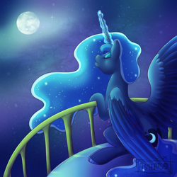 Size: 1500x1500 | Tagged: safe, artist:asterisq, derpibooru import, princess luna, alicorn, pony, g4, balcony, eyes closed, female, full moon, glowing, glowing horn, horn, mare, moon, moonrise, one wing out, outdoors, sitting, solo, starry night, wings