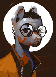 Size: 3025x4174 | Tagged: safe, artist:parab3llum, derpibooru import, earth pony, pony, bust, disco elysium, glasses, kim kitsuragi, male, orange coat, ponified, portrait, solo, species swap, stallion, style emulation