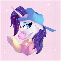 Size: 4000x4000 | Tagged: safe, artist:strawberryswirlll, derpibooru import, rarity, pony, unicorn, friendship university, g4, absurd resolution, alternate hairstyle, bubblegum, disguise, female, food, grid background, gum, horn, mare, my little pony: friendship is magic, plainity, solo