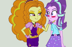 Size: 1090x710 | Tagged: safe, artist:themexicanpunisher, derpibooru import, adagio dazzle, starlight glimmer, human, equestria girls, g4, rainbow rocks, 2017, blushing, duo, duo female, female, gray background, lesbian, looking at each other, looking at someone, shipping, simple background, stardagio