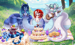 Size: 7106x4300 | Tagged: safe, artist:madelinne, derpibooru import, oc, oc only, oc:biru, oc:madelinne, oc:opal brona, oc:ryoku memori, oc:triksa, alicorn, earth pony, lamia, original species, alicorn oc, birthday cake, birthday gift art, cake, cupcake, drink, drinking straw, food, gift art, guitar, horn, musical instrument, outdoors, sky, strawberry, tree, wings