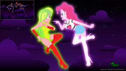 Size: 3840x2160 | Tagged: safe, artist:gibsterboy5, derpibooru import, lemon zest, pinkie pie, human, equestria girls, g4, 4k, angry, boots, breasts, clothes, cloud, complex background, concerned, dc comics, duo, female, flying, glowing, high heel boots, high heels, high res, leotard, looking at each other, midriff, night, night sky, open mouth, outdoors, overknee boots, platform boots, platform heels, platform shoes, pointing, reference, screencap reference, shirt, shoes, signature, skirt, sky, stars, suit, teen titans, thigh boots, woman