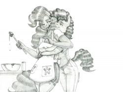 Size: 1400x1053 | Tagged: safe, artist:baron engel, derpibooru import, cheese sandwich, pinkie pie, anthro, earth pony, pony, apron, bowl, cheesepie, clothes, female, grayscale, hug, male, monochrome, pencil drawing, shipping, simple background, straight, traditional art, white background, wooden spoon