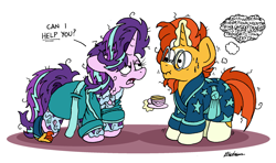 Size: 2410x1430 | Tagged: safe, artist:bobthedalek, derpibooru import, starlight glimmer, sunburst, pony, unicorn, g4, annoyed, bathrobe, bed mane, clothes, cup, female, glim glam's jim jams, horn, lewd thoughts, magic, male, messy mane, morning ponies, pajamas, robe, scrunchy face, shipping, slippers, starburst, straight, teacup, telekinesis, themed slippers, thought bubble