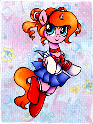 Size: 2250x3000 | Tagged: safe, artist:dariarchangel, derpibooru import, oc, oc only, oc:dazha, pony, unicorn, g4, accessory, adorable face, blue eyes, blue skirt, bow, brooch, c:, choker, clothes, cosplay, costume, crossover, cute, cute face, cute smile, ear piercing, earring, female, female oc, hairband, headband, hoof gloves, horn, jewelry, mare, mare oc, miniskirt, ocbetes, odango, orange hair, orange mane, orange tail, piercing, pigtails, pink coat, pony oc, pretty, raised hoof, raised leg, red bow, sailor moon, sailor moon (series), sailor senshi, sailor uniform, skirt, small horn, smiling, socks, solo, tail, traditional art, twintails, unicorn oc, uniform, weapons-grade cute