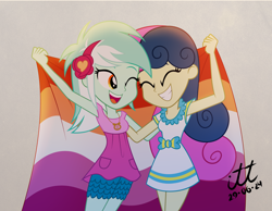 Size: 3190x2480 | Tagged: safe, artist:arturo_t1912, artist:ilustracionestoro2, derpibooru import, part of a set, bon bon, lyra heartstrings, sweetie drops, human, equestria girls, g4, clothes, dress, duo, duo female, eyes closed, female, flag, implied shipping, lesbian, lesbian pride flag, looking at each other, looking at someone, lyrabon, one eye closed, pride, pride flag, pride month 2024, shipping, show accurate, simple background, smiling, textured background